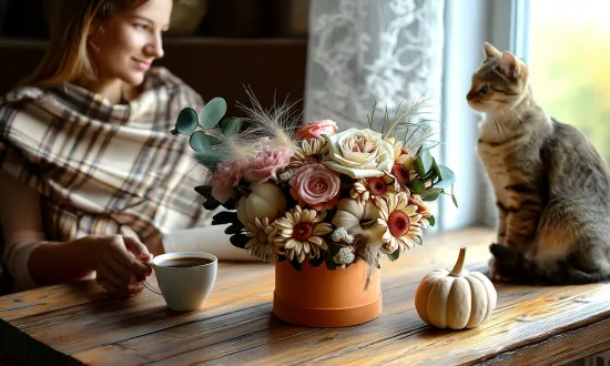 Осенний уют: букеты с хризантемами и декоративными тыквами