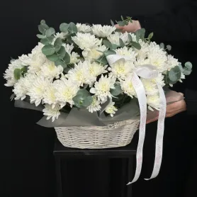Корзина из белых кустовых хризантем с эвкалиптом