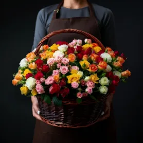 красные, жёлтые, розовые, белые и оранжевые кустовые розы в корзине