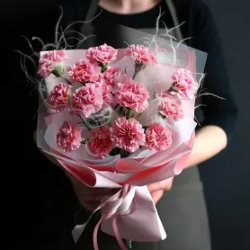 букет из розовых гвоздик со стифой в розовой упаковке