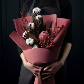 букет из розовой протеи, белого хлопка и красного илекса