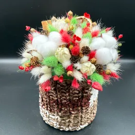 композиция из белого хлопка, красного и зелёного лагуруса, мини-шишек и корицы в вязаном кашпо