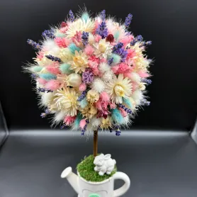 топиарий из сухоцветов с лагурусом и лавандой в декоративной лейке