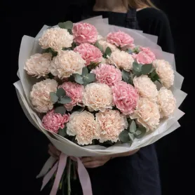 25 розовых и кремовых гвоздик с эвкалиптом