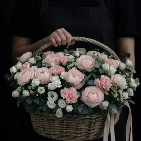 розовые ранункулюсы, белая эустома и розовые гвоздики с эвкалиптом в корзине