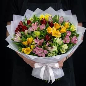 25 розовых, жёлтых, красных и белых альстромерий в светлой упаковке
