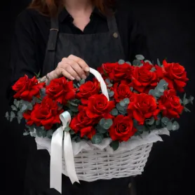 25 красных французских роз с эвкалиптом в корзине
