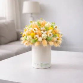 персиковые, белые, жёлтые и зелёные сухоцветы с лагурусом в кашпо