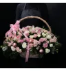 композиция из роз, эустомы, гвоздик, хвойной зелени и розовых декоративных шаров в корзине