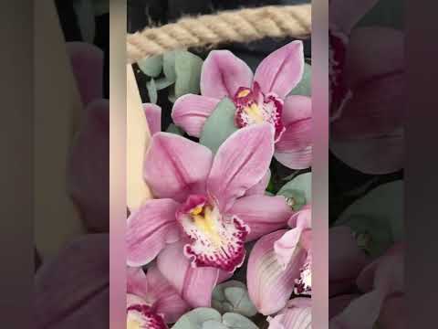 композиция из розовых орхидей цимбидиум и эвкалипта в ящике