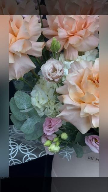 кремовые французские розы, розовая эустома и эвкалипт в белой шляпной коробке