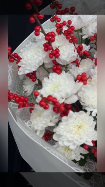 букет из красного илекса и белой кустовой хризантемы в светлой упаковке