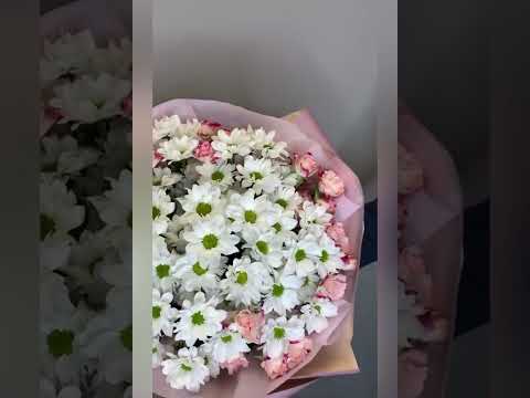букет из белых ромашковых хризантем и розовых кустовых роз.